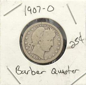 1907 Barber Quarter, U.S. Coin, New Orleans Mint, 90% Silver