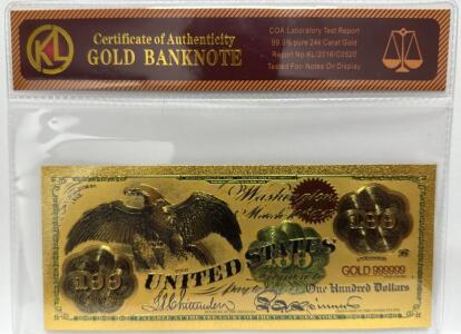 24k Gold-Plated $100 Banknote Replica, Serial: GOLD 999999