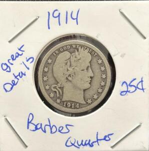1914 Barber Quarter, Silver 90%, Liberty Head, Heraldic Eagle