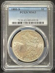 1881-S Morgan Silver Dollar, PCGS MS63, Certification #7130.63/48949938