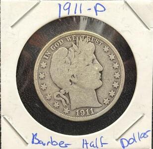 1911 Barber Half Dollar Coin, Philadelphia Mint, 90% Silver