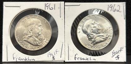 1961 & 1962 Franklin Half Dollar Coins, 90% Silver, No Mint Mark Visible