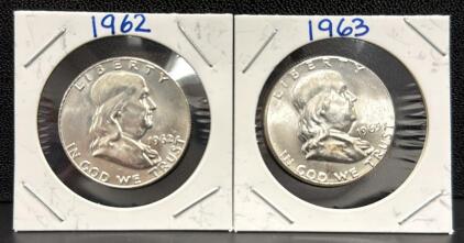 1962 & 1963 Franklin Half Dollar Coins, U.S. Mint, Silver Composition