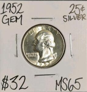 1952 MS65 Gem Silver Washington Quarter