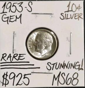 1953-S MS68 Rare Gem Silver Roosevelt Dime