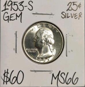 1953-S MS66 Gem Silver Washington Quarter