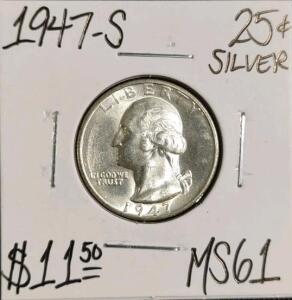 1947-S MS61 Silver Mint State Washington Quarter