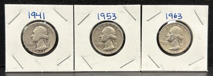 1941, 1953, 1963 Washington Quarters Set, Mint Marks D, S, No Mark, 90% Silver