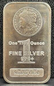 1 Troy Ounce 999+ Fine Silver Bullion Bar, Made in U.S.A.