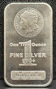 One Troy Ounce 999+ Fine Silver Bullion Bar, Morgan Dollar Design