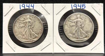 1944 & 1945 Walking Liberty Half Dollar Coins, 90% Silver, Denver & Philadelphia