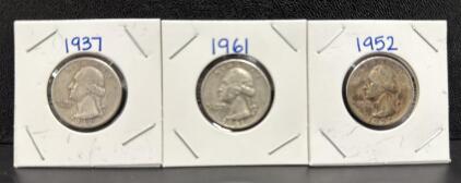 United States Washington Quarter Set, 1937 D, 1952, 1961 S, 90% Silver