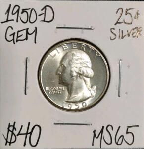1950-D MS65 Gem Silver Washington Quarter