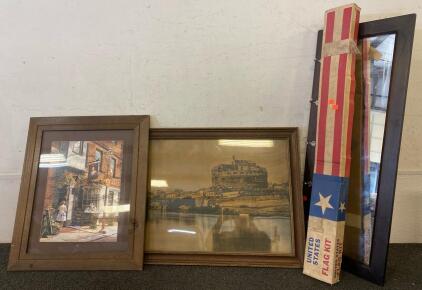 Home Decor Lot Including; Mirror With Coat Hooks, (2) Scenery Framed Pictures, And United States Flag Kit