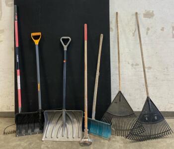 Tool Lot Including; (3) Rakes, (3) Snow Shovels, And A Garden Hoe