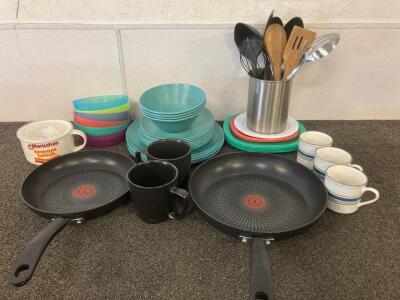 (2) T-FAL Frying Pans, (24) Plastic Plates, (10) Plastic Bowls, (6) Mugs And More&hellip;