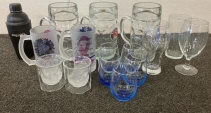(15) Wine, Beer and Liquor Specialtie Drinking Glasses. (1) Black Martini Shaker and Many More