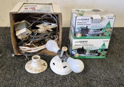 (2) Little Giant Statuary Fountain Pump, Box Of Pull Chain Lamp Holders, Light Fixtures, Cords And More