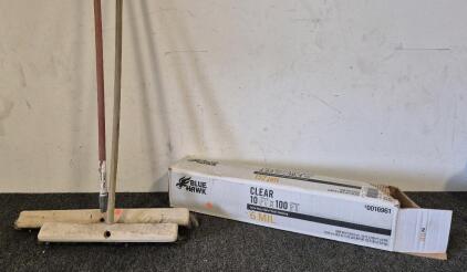 (2) Brooms, Blue Hawk Clear Plastic Sheeting(10ft&times;100ft)