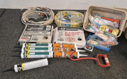 (3) Gorilla Glue Heavy Duty Conduction Adhesive, (4) Waterproof Asphalt Sealant, Tape Measure, Metal Hook, UF-B Outdoor Electrical Wire With Ground (14/2 50ft), Sim Jacket (14/2 50ft), NM-B With Ground (12-2 250ft), Indoor Non-Metallic Cable NM-B(12/2 25