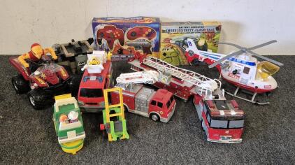 Vintage Toys, (3) Fire Trucks, Helicopter, Farm Toys, Smoke Clickety- Clack Train, Power Player, Still In Box! Extreme ATV Remote Car (Unable to Test) GI Joe Tower Piece