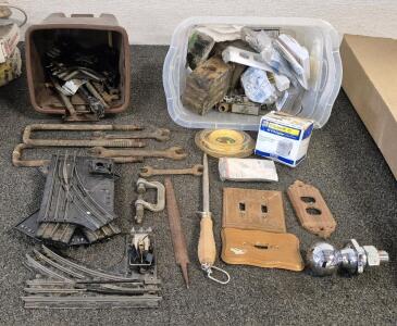 Vintage Tools, Vintage Train Tracks, Wood Light Plates, Box Of Miscellaneous Tools And Parts, Hitch