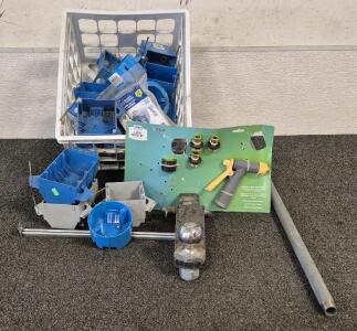Assortment Of Gang Boxes And Extenders, Water Spray and Cconnectors, Hitch, Metal Pole