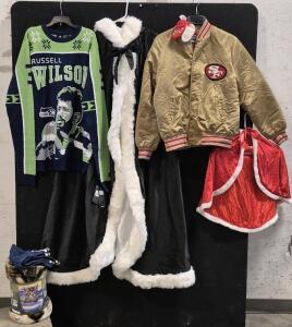 Seattle Seahawks Sweater (New), San Francisco Jacket With Matching Baby Booties, Gorgeous Black Cloak With Hood, Little Red Christmas Cloak With Hood, Sweat Pants (New), Kitten Blanket (New)