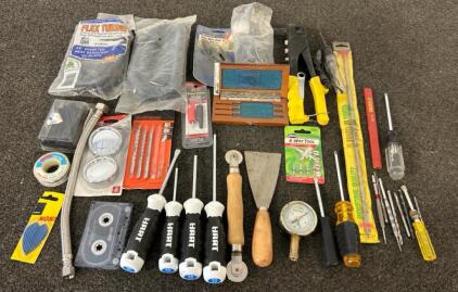 Assortment Of Tools- Screw Drivers, Open Base Cleat 5&rdquo;, Screws, Bits For A Drill, Long Shank Electric Drill Wood Bit, And More!!