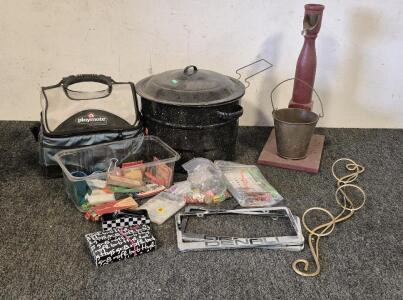 Big Pot with Canning Items, Playmate Lunch Box, Home Decor, License Plate Covers(2), Junk Drawer Finds(Zip Ties, Staples, Mini Folder, Scissors, Nail Clippers, Fake Nails and More!)
