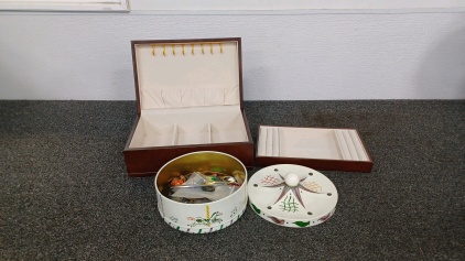 Wood Jewelry Box and Tin with Buttons