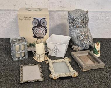 Light Up Owl (Unable to Test), Owl Statue, Candle Holders, And (3) Picture Frames