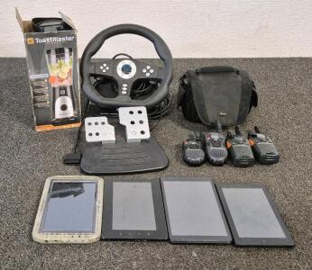 Pelican Racing Wheel And Pedals (Unable to Test), (4) Tablets, (4) Two-Way Radios (Unable to Test), Toastmaster Blender(Needs Repair)