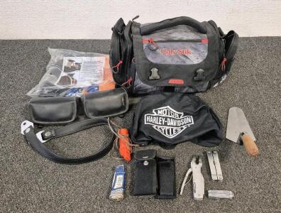 Ugly Stik Fishing Bag(Comes with Line and Storage Containers), Harley Davidson Bag and Bike Bag, Academic Hood, Pocket Knife(3), Leatherman Tools(3), Dry Wall Tool