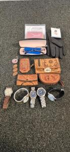 Beautiful Leather Hand Made Wallets/ Coin Purse, Leather Gloves, Reading Glasses, Watches(5)(Timex, Guess, Quartz), Booty Bands