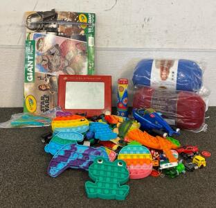 Toy Lot Including Popits, Cars, Etch-A-Sketch, Yarn And More