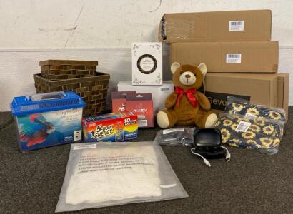 Miscellaneous Lot Including New Car Floor Mats, Window Bird Feeder, Bmani Headphones, Coat Hangers And More