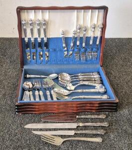 Godinger Plume Silverplate Silver Plated Dinnerware Set in Wooden Box, Sheffield Stainless Steel Cake and Serving Cake Knife, Heartland Stainless Steel Knife, Winfield Silver Plate Serving Fork