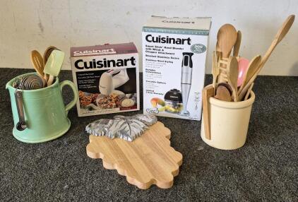 Cuisinart Hand Blender(New/Works) and 7 Speed Hand Mixer(Works), Wood Cutting Board, (2) Utensil Holders Full of Wooden Cooking Utensils
