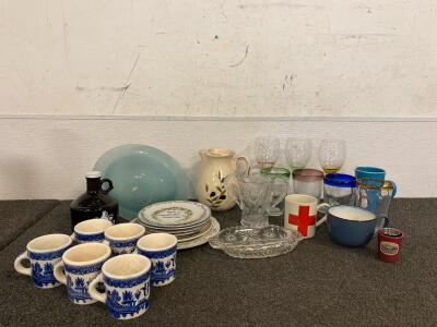 Kitchenware Lot Including Specialty Plates, Crystal Dishes, Wine And Drinking Glasses, Porcelain Mugs And More