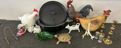 Lodge Cast Iron Camp Dutch Oven, Ceramic Chicken, Glass Sugar Bowl, And More!!