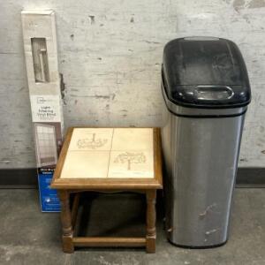 Wooden Stool, Trash Can, And More