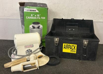 Tool Box With Miscellaneous Tools, 6&rdquo;x16&rdquo; Carbon Filter, And Champion Juicer (Turns On)