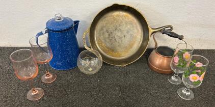 Vintage Rose Water Goblets, Libbey Pink Tulip Connoisseur Wine Glasses, Cast Iron Pan, And More