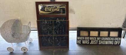 Coca-Cola Chalkboard, Baby Bassinet, and Picture Frame Sign