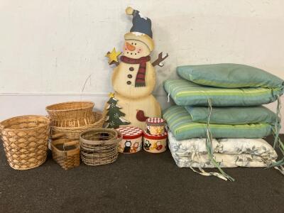 (5) Wicker Baskets, Wooden Snowman, (3) Lawn Chair Pads And More