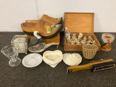 (15) Hand Painted Bear Figurines, Holland Wooden Shoes, And Many Other Antiques