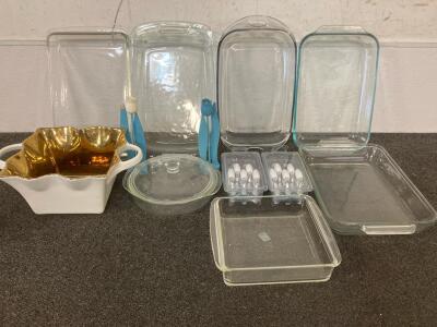 (8) Piece Glass Kitchenware, (2) Packages Of Kitchen Drawer/Cabinet White Ceramic Handle (10 Pieces In Each Package) And More