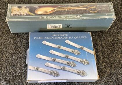 International Silver Company(Goldplated Salad Tongs 10 3/8"), (4) Silver Plated Plume Design Butter Knife
