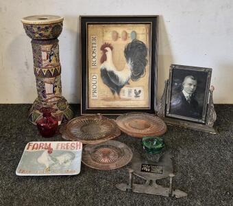 (5)Pretty Pink Dishes, Rooster Picture, Rooster Decor, Satsuma Ware Pedestal or Jardiniere, Vintage Picture Frame, Desk Decor